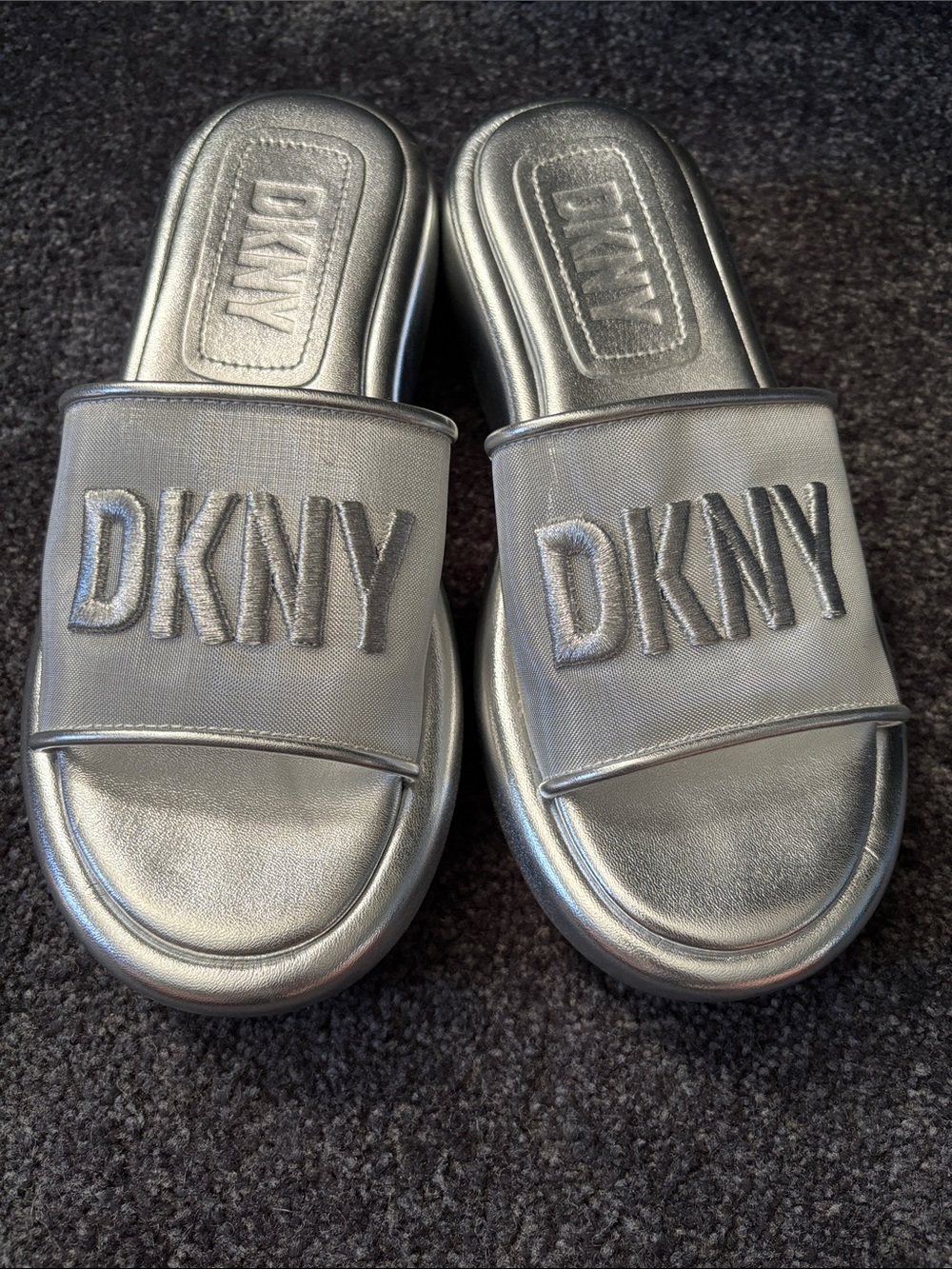 DKNY Silver mesh wedge slide ins